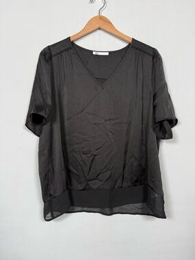 DR2 Black Semi-Sheer V-Neck Short Sleeve Blouse, Size XL